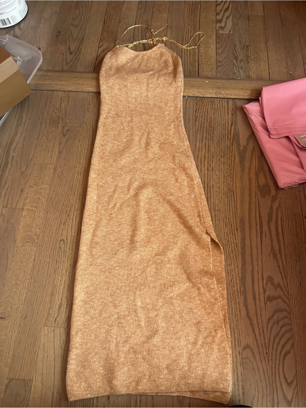 Zara Beige midi bodycon Dress with Gold Chain Strap